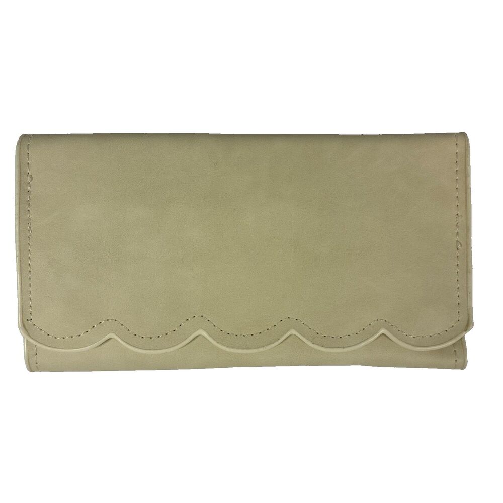Faux Leather Scalloped Wallets Cream, Women's Snap Clutch 14 Card Slots